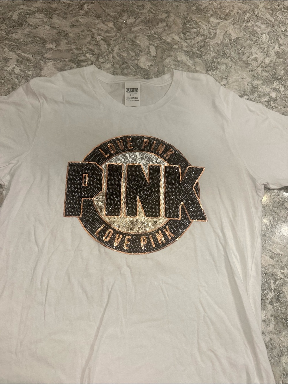PINK Victoria's Secret White Tee with Black and Gold Sequin Logo